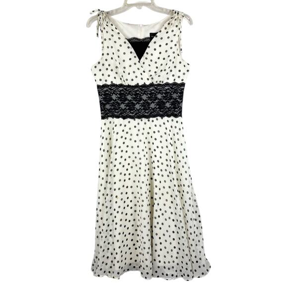Vintage Y2K Mod Retro Polka Dot Lace Waist Babydoll Midi Dress Cream/Black Sz 8 - Picture 6 of 16